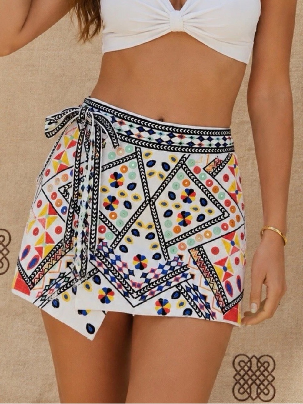Farm Rio L Embroidered Cotton Mini Wrap Skirt Colorful Geometric Folk Art Boho